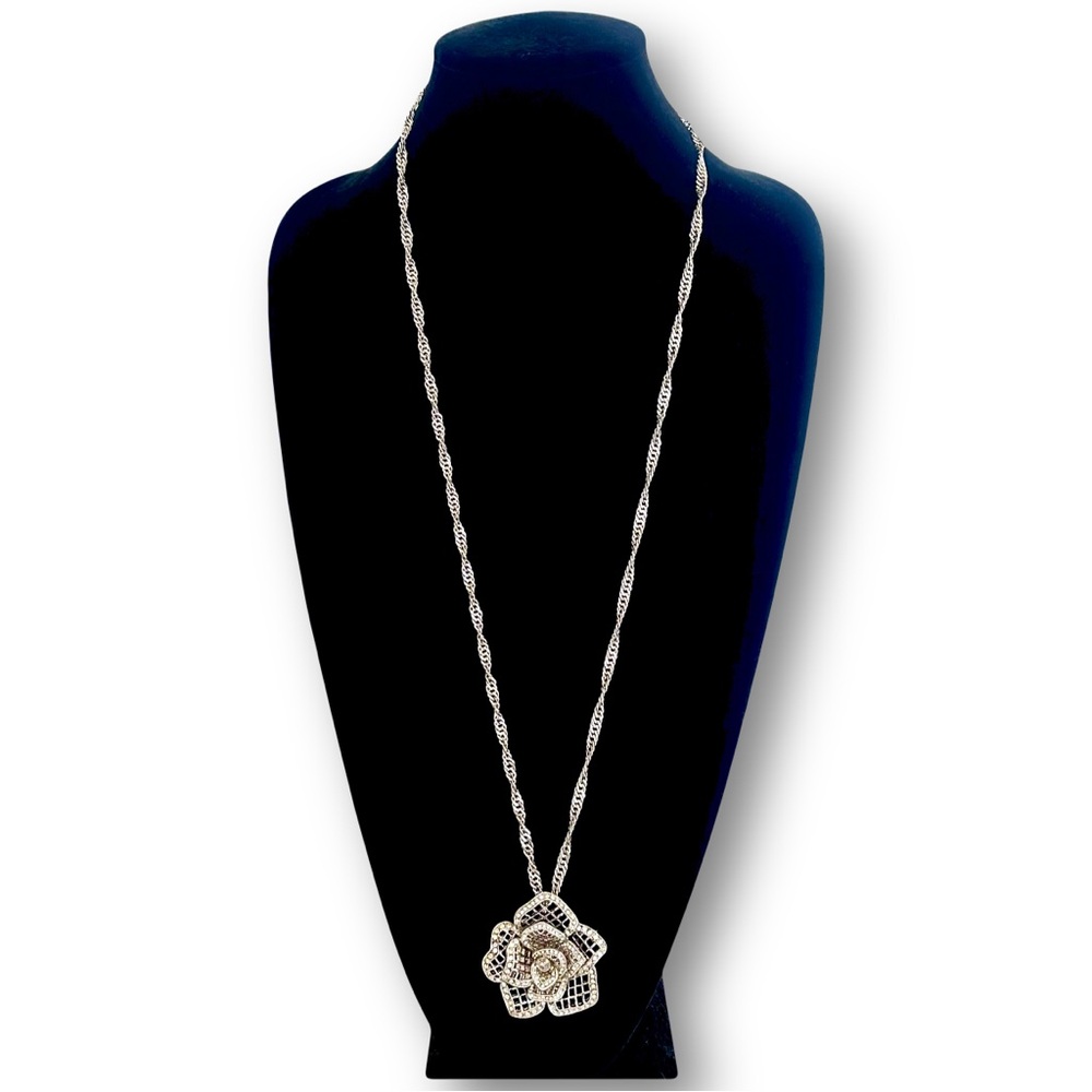 WHBM Pave Crystal Silver Rose Pendant/Broach Convertible Necklace NWT - Picture 2 of 14